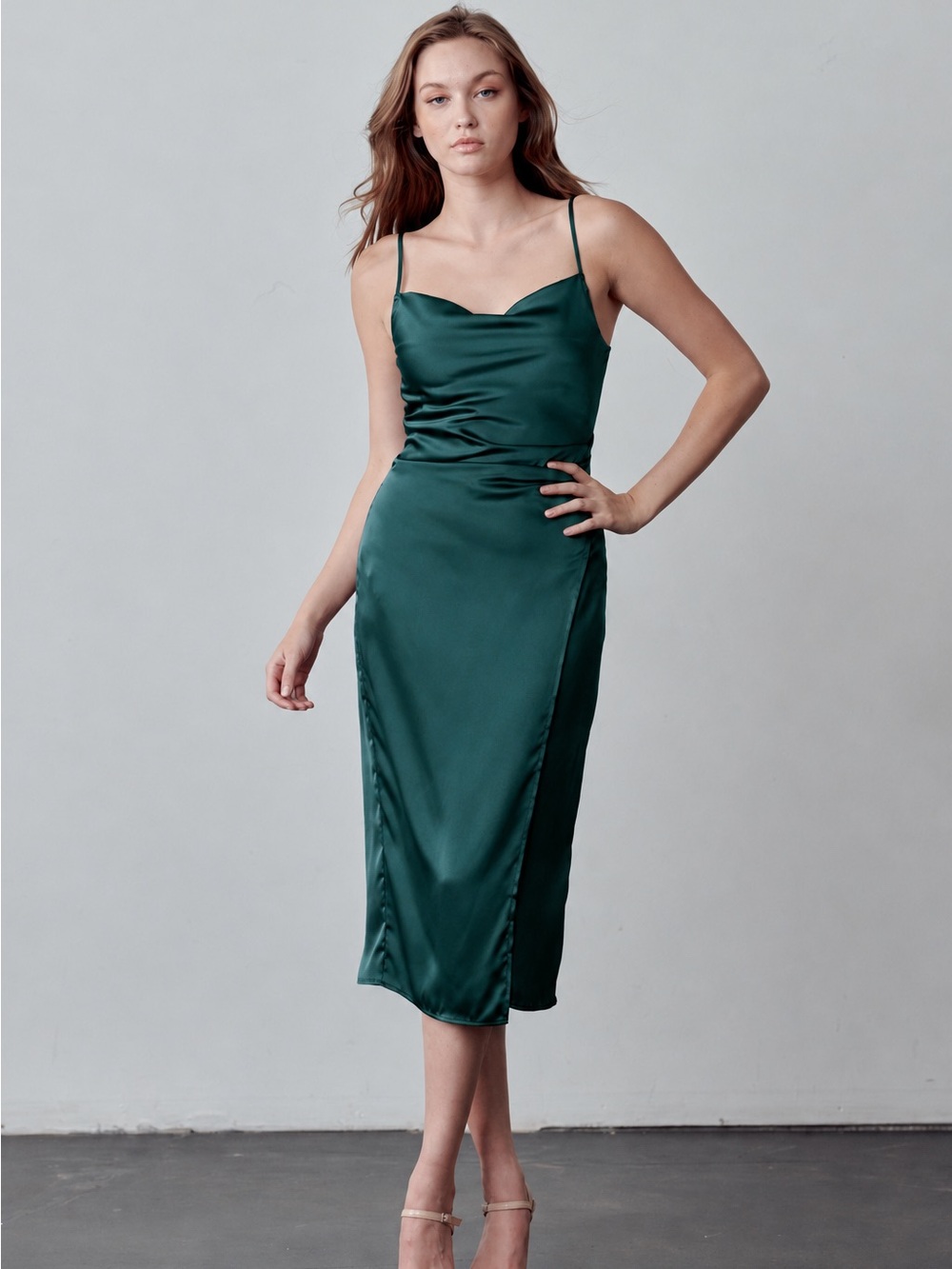Re:named Emerald Green Satin Cowl Neck Midi Dress Small